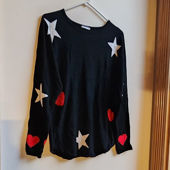 brit.ny Black Stars Hearts Scoop Neck Sweater Size Large - Picture 2 of 14